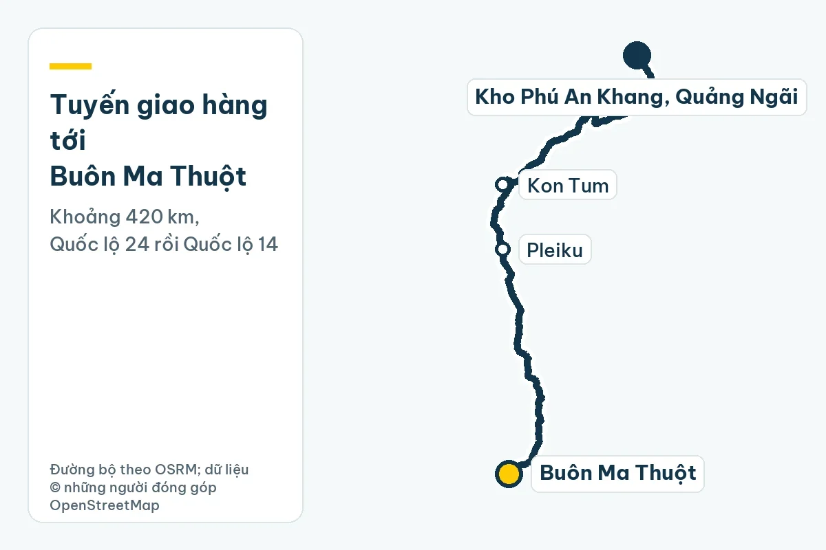 Ống nhựa Tiền Phong tại Đắk Lắk: tưới cà phê, sầu riêng, KCN Hòa Phú 1 Bản đồ tuyến giao hàng từ kho Phú An Khang ở Quảng Ngãi tới Buôn Ma Thuột qua Kon Tum, Pleiku, khoảng 420 km