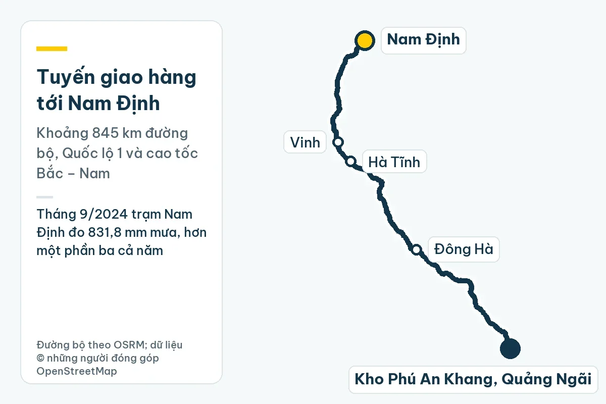 Ống nhựa Tiền Phong tại Nam Định: Ninh Cơ, nước nông thôn, thoát mưa 1 Bản đồ tuyến giao hàng từ kho Phú An Khang ở Quảng Ngãi tới Nam Định qua Đông Hà, Hà Tĩnh, Vinh, khoảng 845 km đường bộ; ghi chú: Tháng 9/2024 trạm Nam Định đo 831,8 mm mưa, hơn một phần ba cả năm