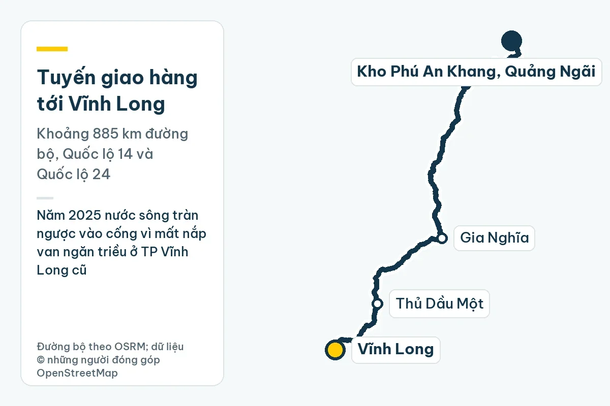 Ống nhựa Tiền Phong tại Vĩnh Long: thoát nước mùa triều cường 1 Bản đồ tuyến giao hàng từ kho Phú An Khang ở Quảng Ngãi tới Vĩnh Long qua Gia Nghĩa, Thủ Dầu Một, khoảng 885 km đường bộ; ghi chú: Năm 2025 nước sông tràn ngược vào cống vì mất nắp van ngăn triều ở TP Vĩnh Long cũ